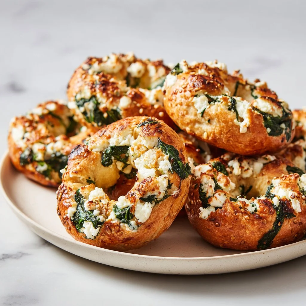 Healthy spinach cottage cheese flat bagels with toppings.