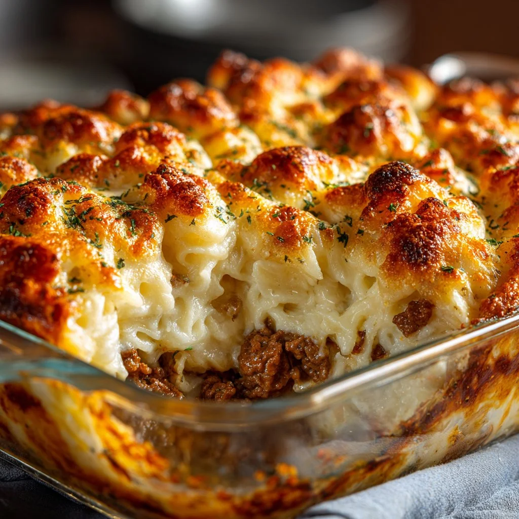 A delicious Southern casserole dish featuring comfort food ingredients.