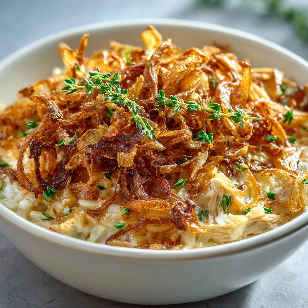French Onion Chicken Orzo Casserole topped with golden cheese and herbs