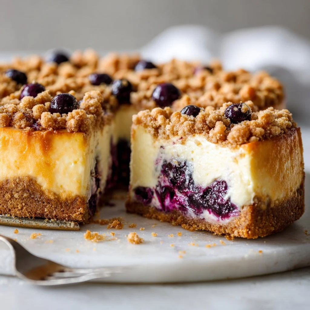 Slice of fresh blueberry cheesecake with blueberries on top