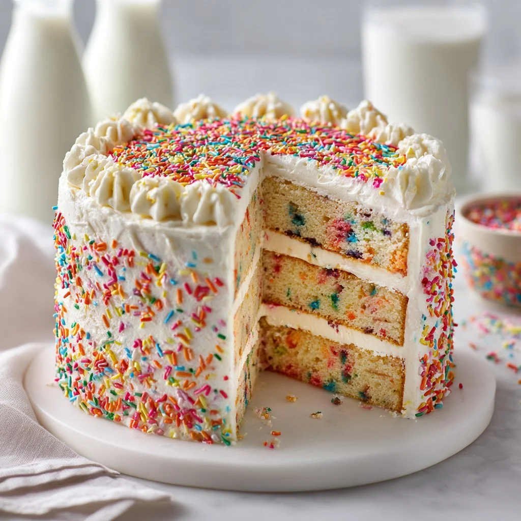 Colorful Funfetti Cake topped with sprinkles and frosting for festive celebrations.