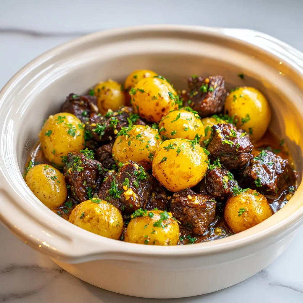 Garlic Butter Beef Bites served with golden crispy potatoes
