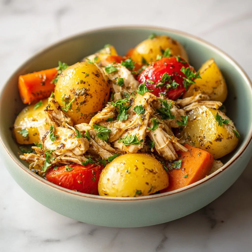 Delicious Garlic Butter Chicken cooked in a crockpot, served with herbs.