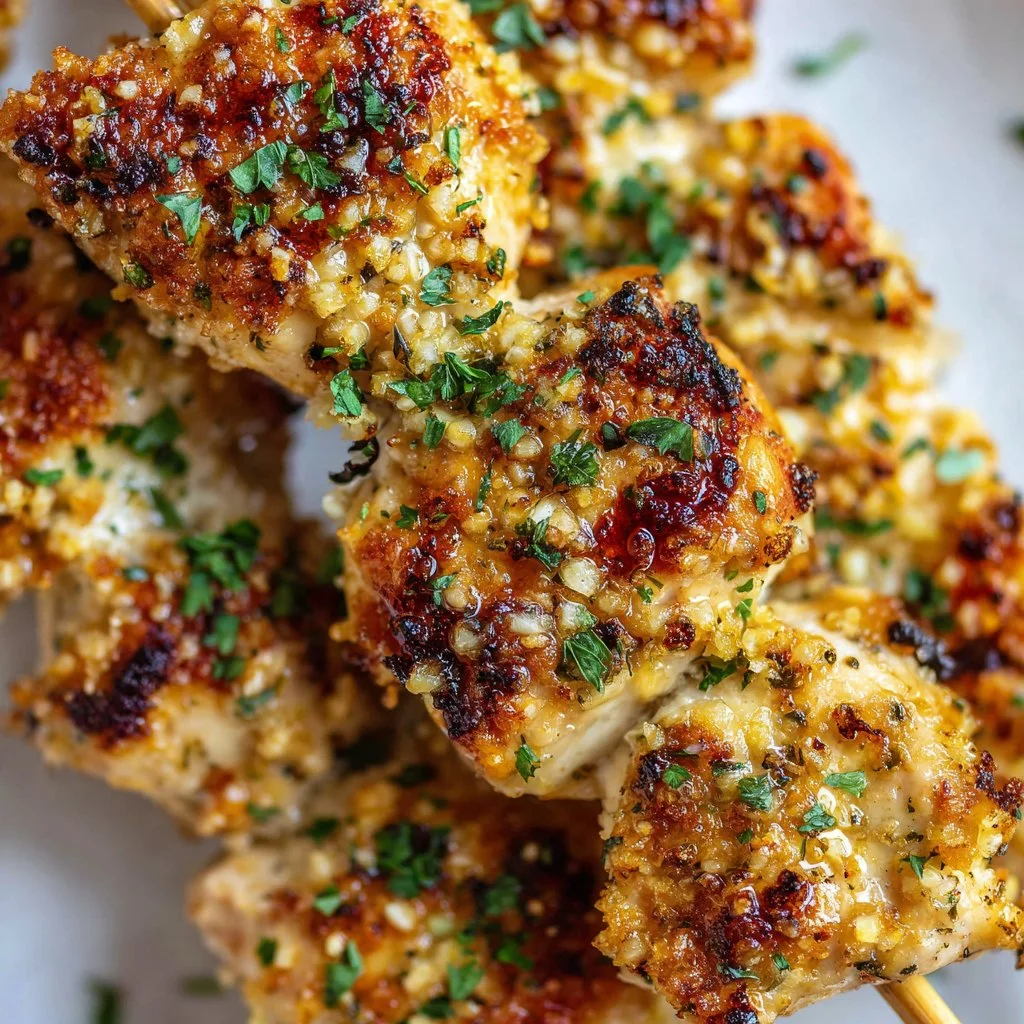 Garlic Parmesan Chicken Skewers ready to grill and serve