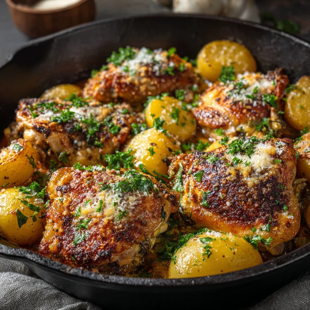 Garlic Parmesan Chicken Thighs served with roasted potatoes on a plate