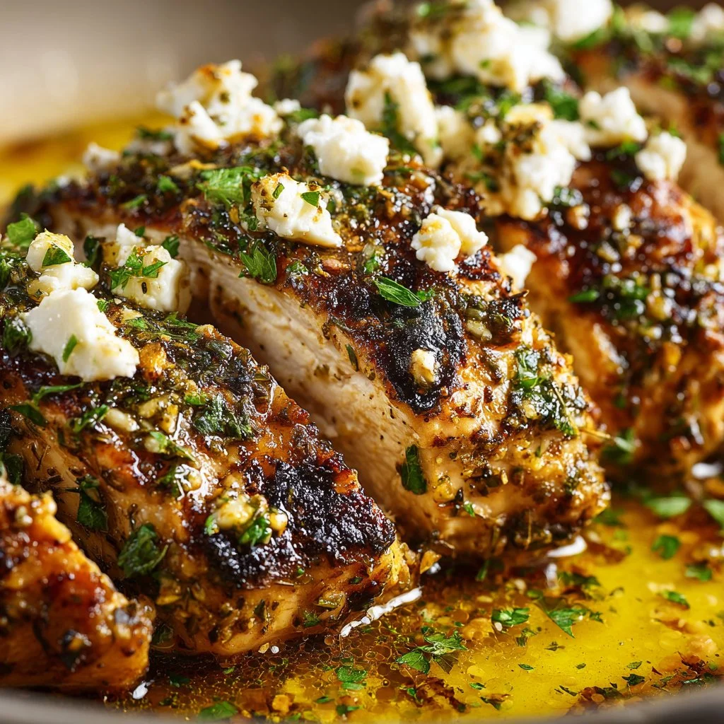 Greek Chicken with lemon and feta served on a plate