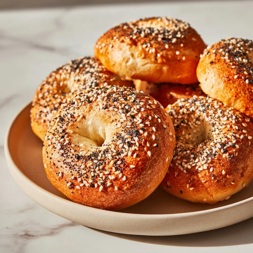 Freshly baked Greek yogurt bagels topped with cream cheese and herbs