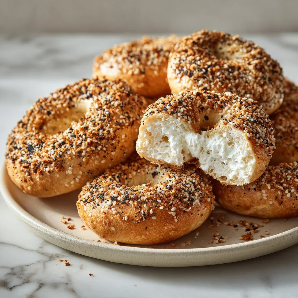 Homemade Greek yogurt bagels topped with seeds and fresh herbs