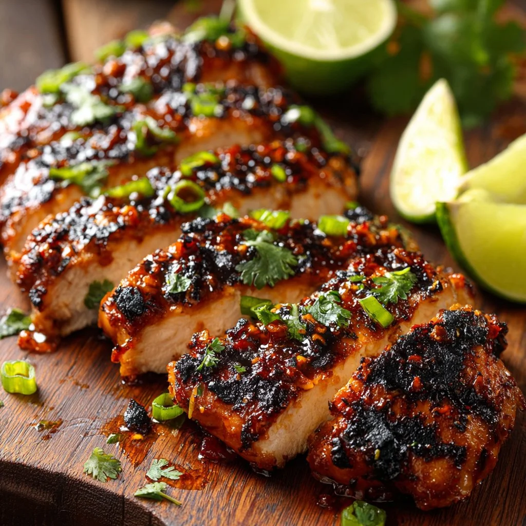 Grilled spicy honey lime chicken served with fresh vegetables and herbs