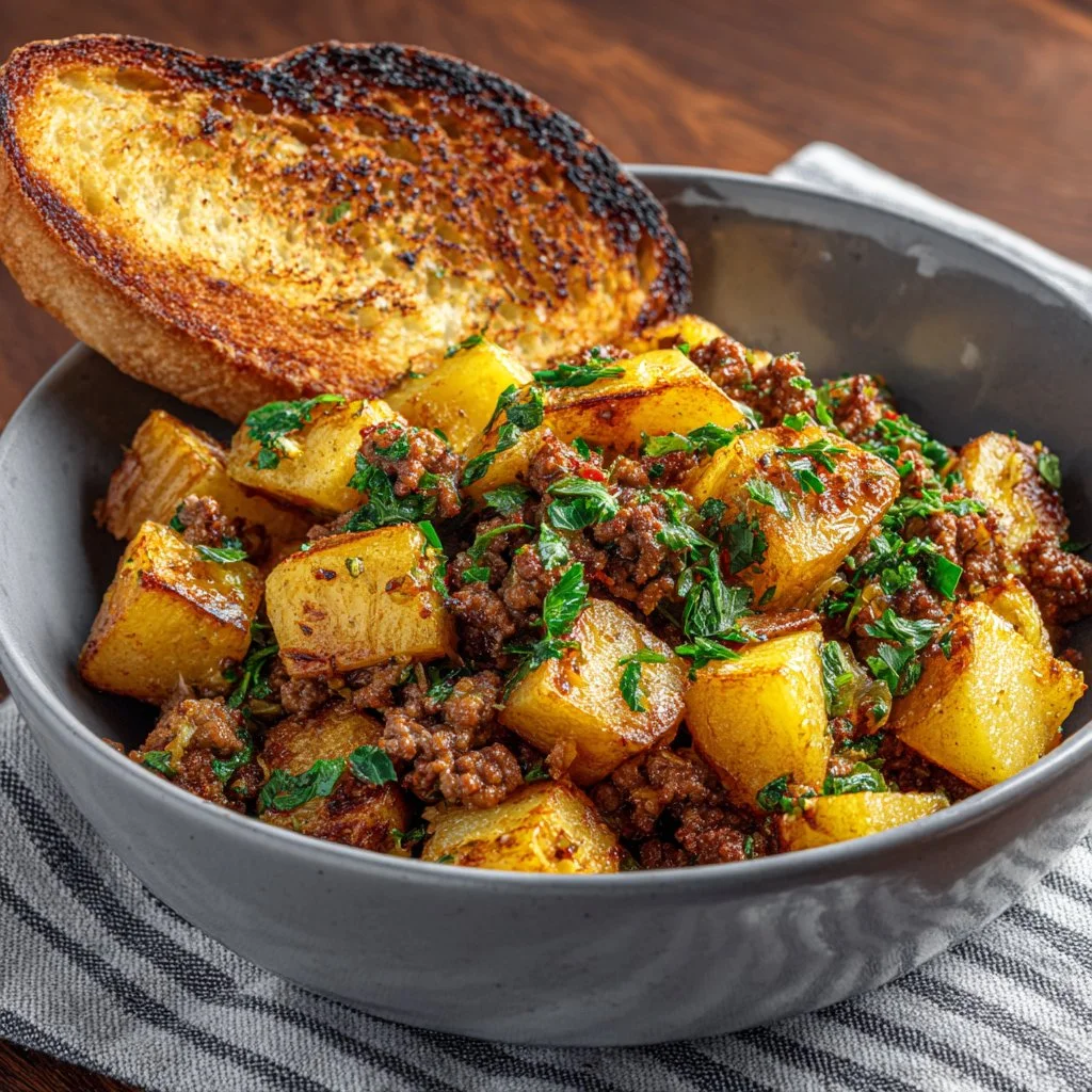 Ground beef and potatoes skillet dish served in a pan with fresh herbs
