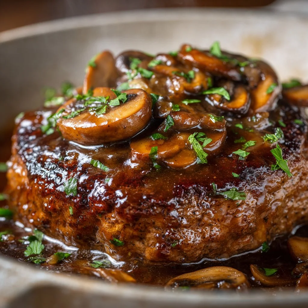 Delicious homemade hamburger steak served with gravy and vegetables