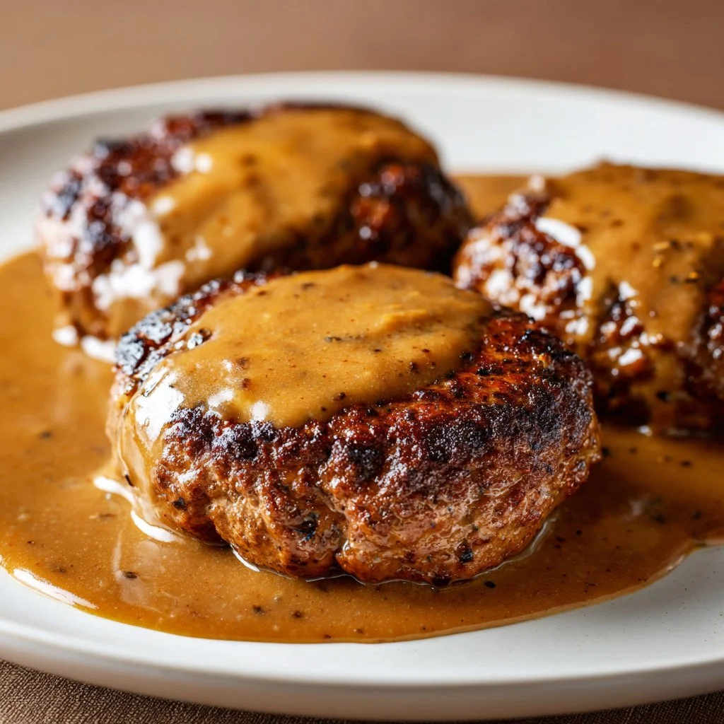Homemade hamburger steaks served with savory brown gravy on a plate