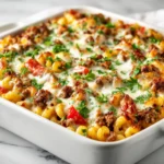 Delicious Hamburger Supreme Casserole baked dish garnished with cheese and herbs