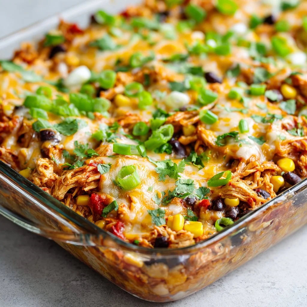 Healthy chicken burrito casserole in a baking dish, topped with fresh cilantro.
