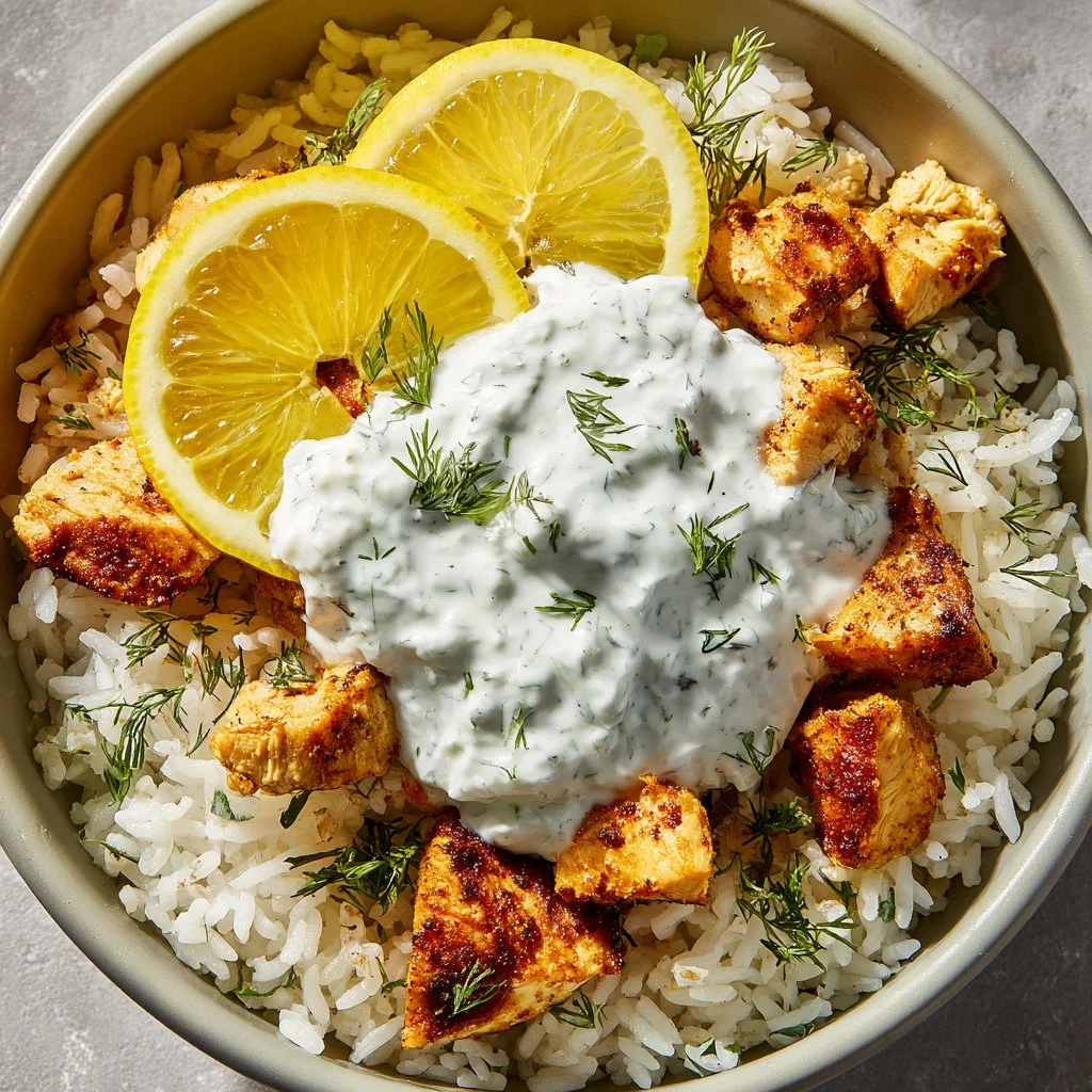 Healthy chicken tzatziki rice garnished with fresh herbs and vegetables