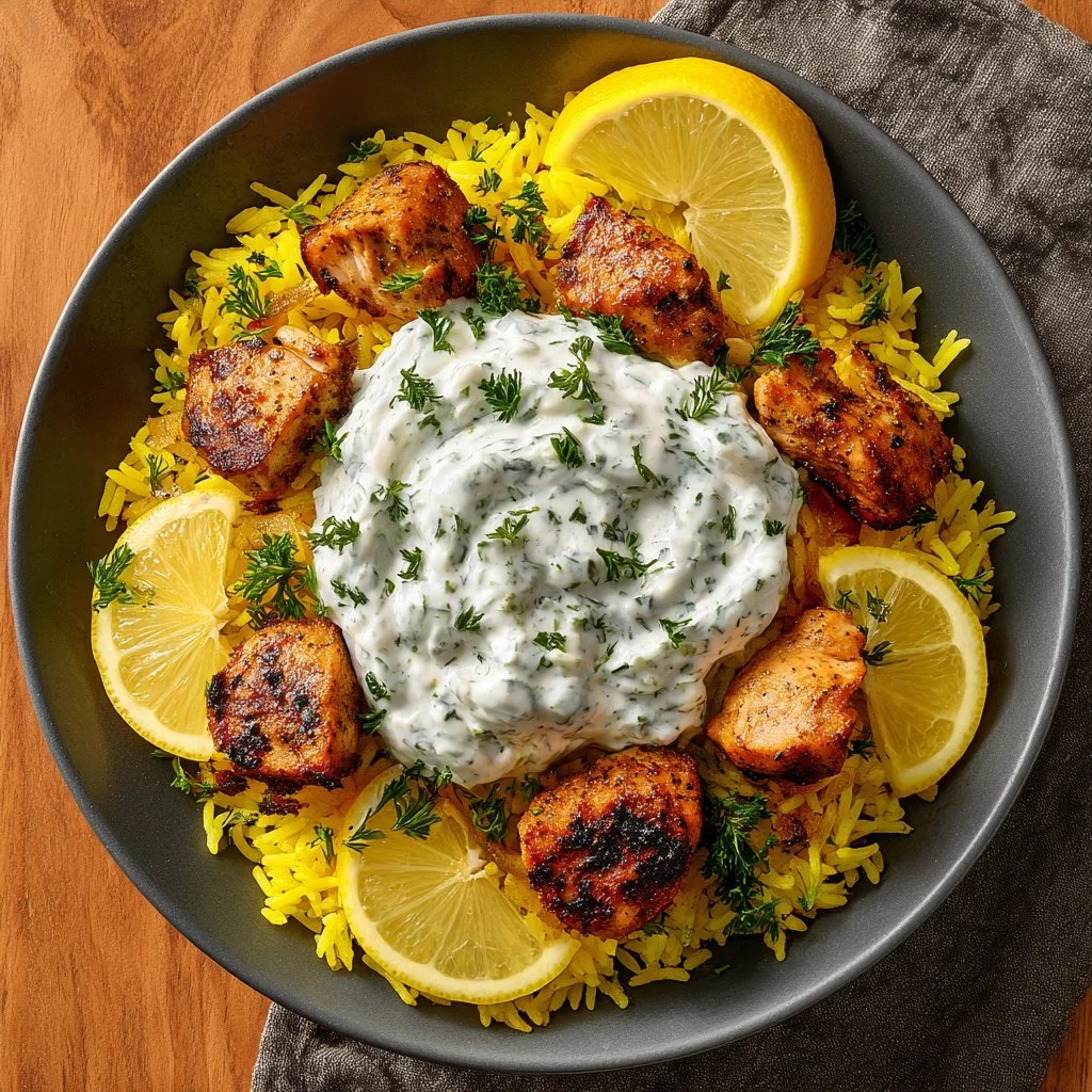 Healthy Chicken Tzatziki Rice bowl with fresh vegetables and herbs