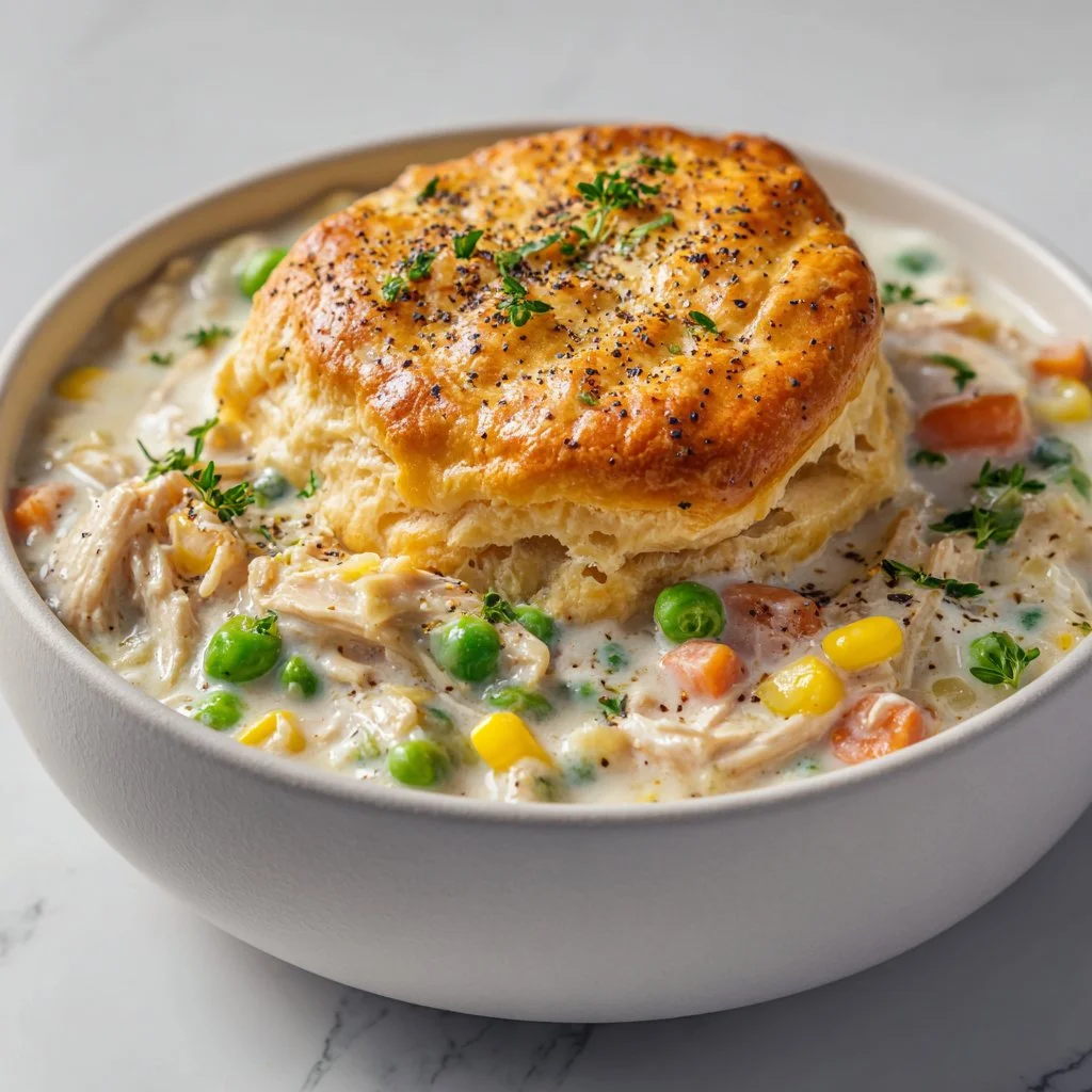 Healthy Crockpot Chicken Pot Pie for weight loss in a rustic bowl.