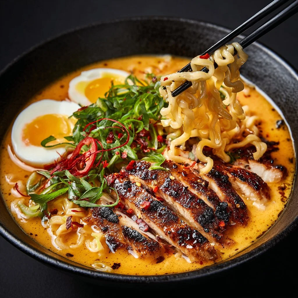 Healthy Garlic Chicken Ramen topped with green onions and sesame seeds