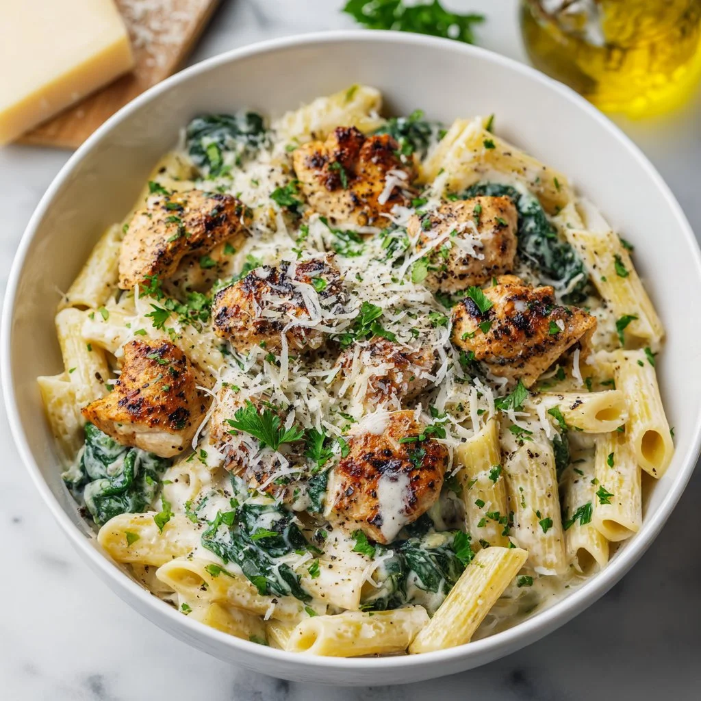 Healthy Garlic Parmesan Chicken Pasta topped with parsley and Parmesan cheese