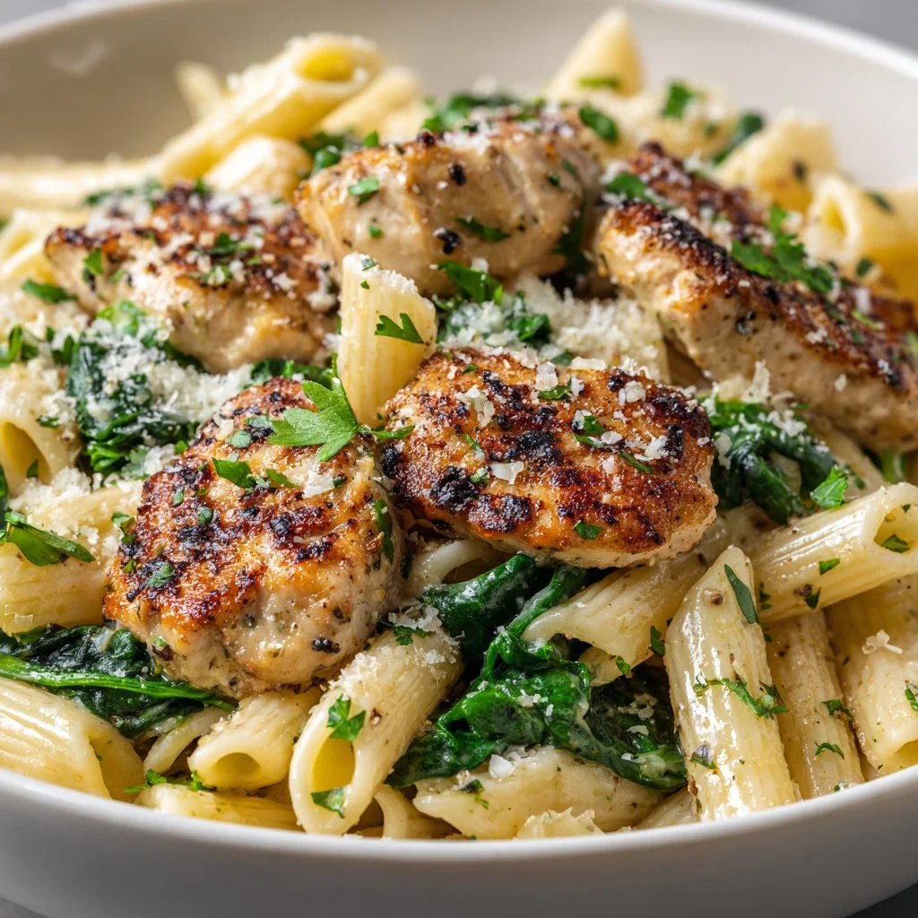 Healthy Garlic Parmesan Chicken Pasta served in a bowl with fresh herbs