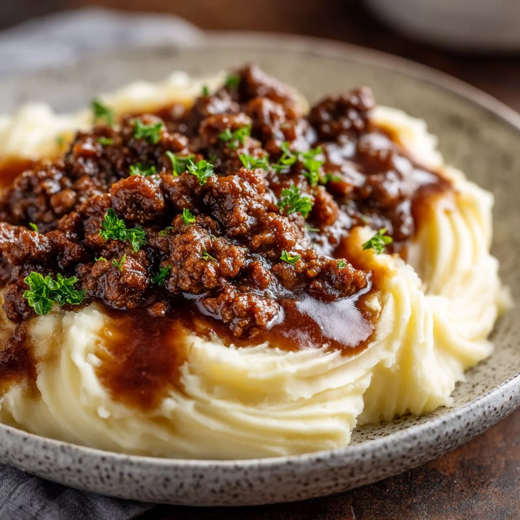 Healthy ground beef and gravy meal prep dish served in a bowl with veggies