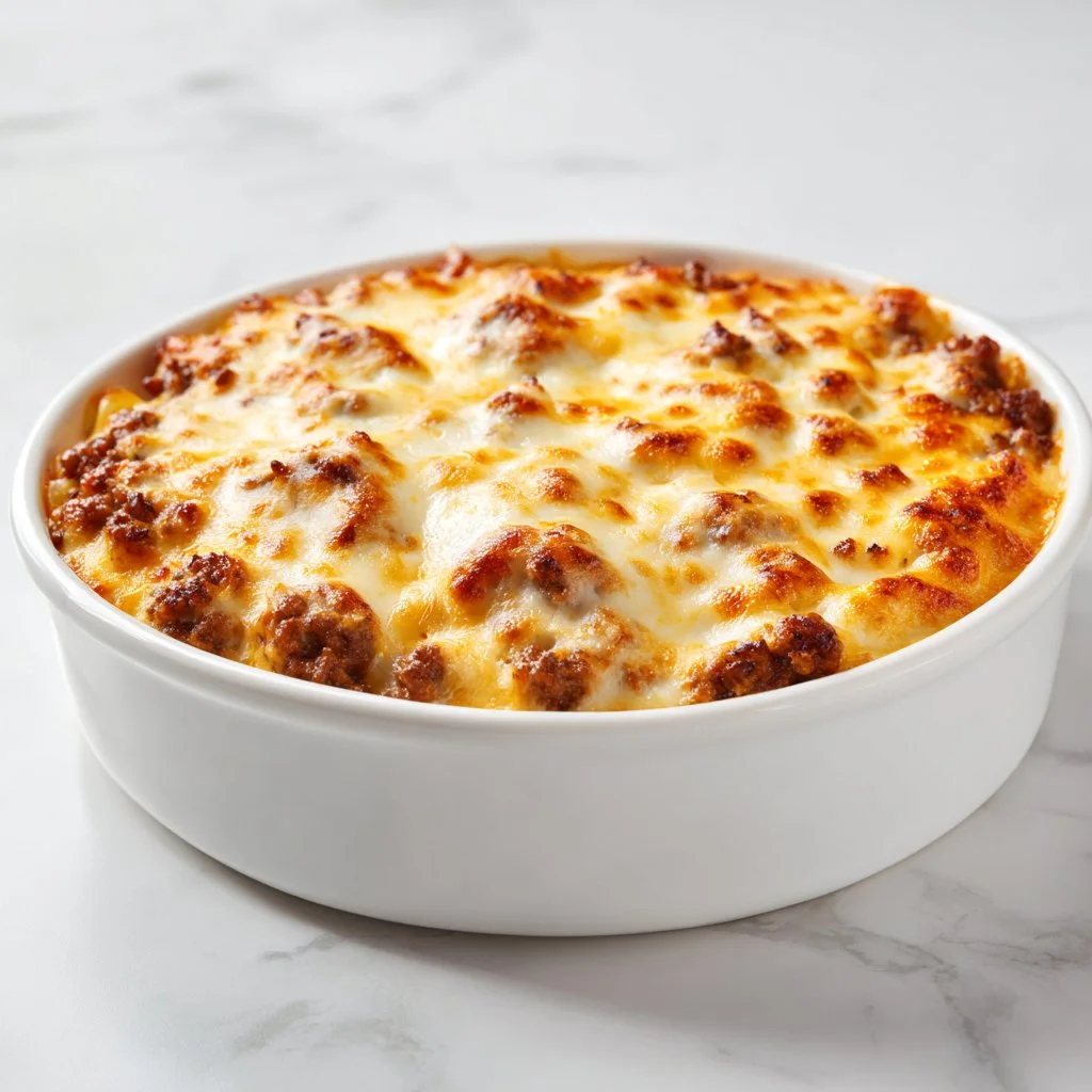 Healthy ground beef casserole dish served with colorful vegetables