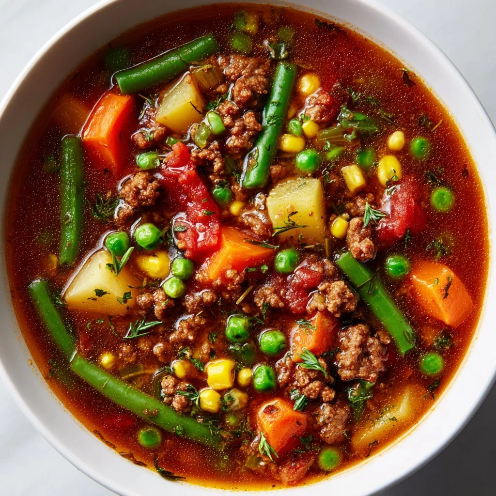 Bowl of healthy ground beef soup, ideal for weight loss and nutritious meals.