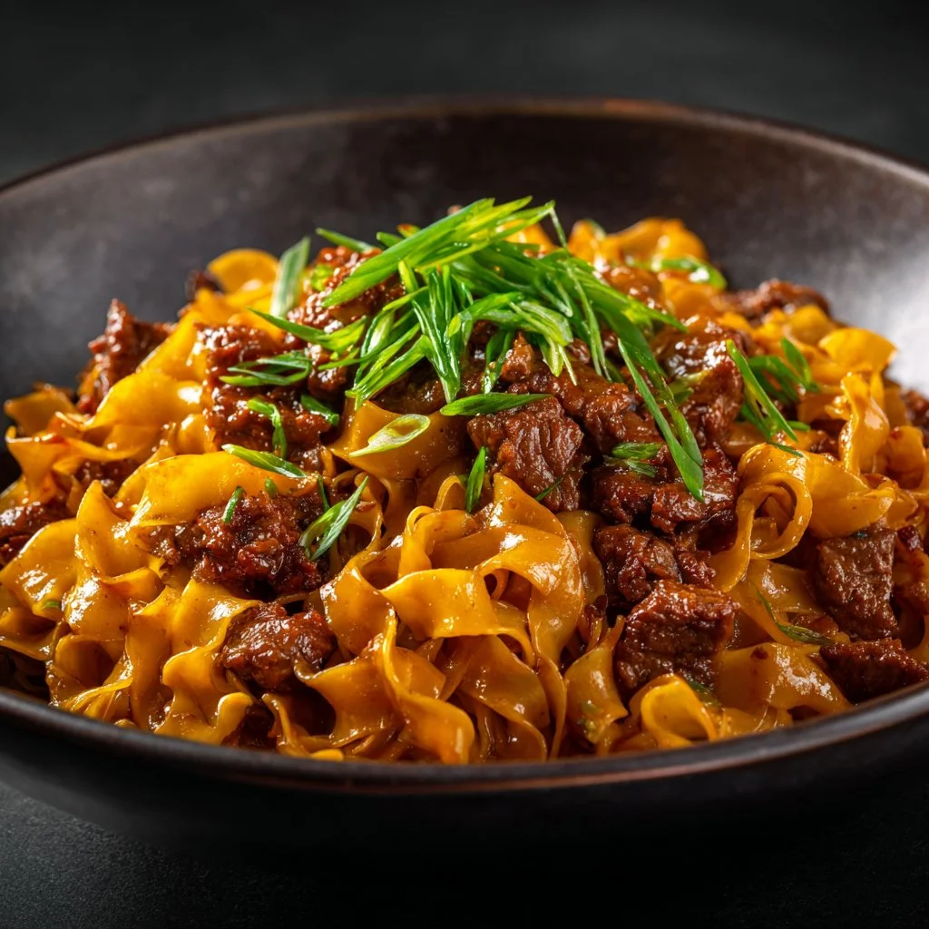 Healthy Mongolian Beef Noodles dish served with vegetables