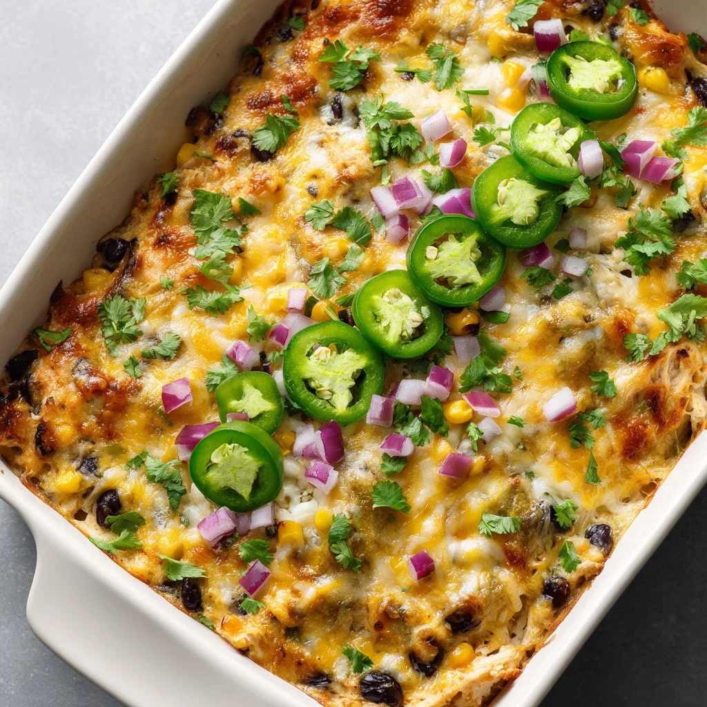 Healthy salsa verde chicken casserole topped with fresh ingredients