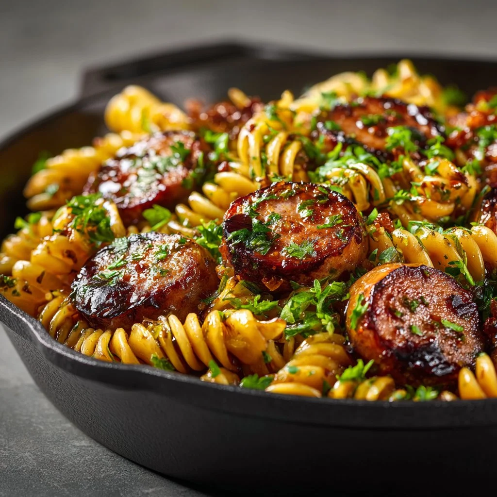 Healthy sausage pasta skillet for weight loss with colorful vegetables