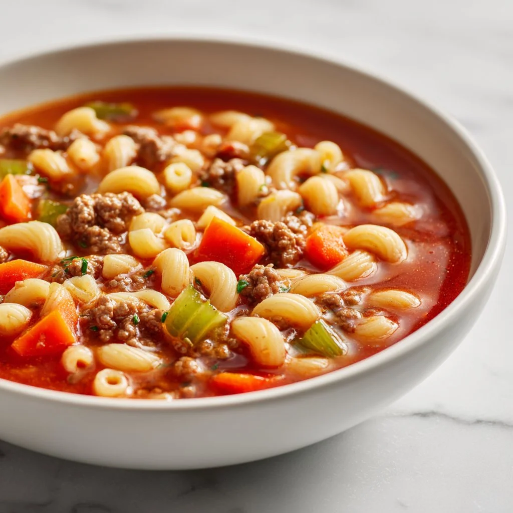 Bowl of hearty beef and macaroni soup with fresh herbs