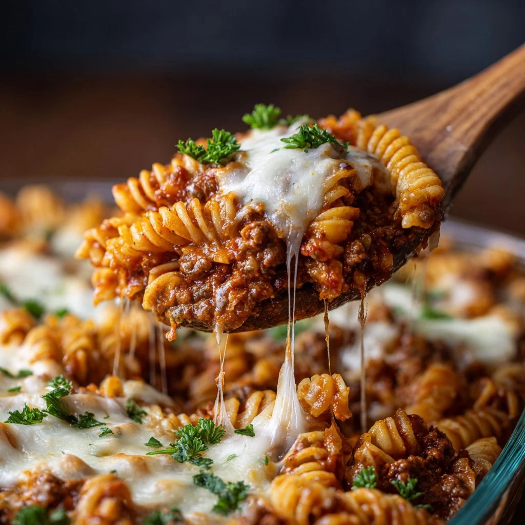 High-protein cheesy hamburger casserole with vegetables in a serving dish