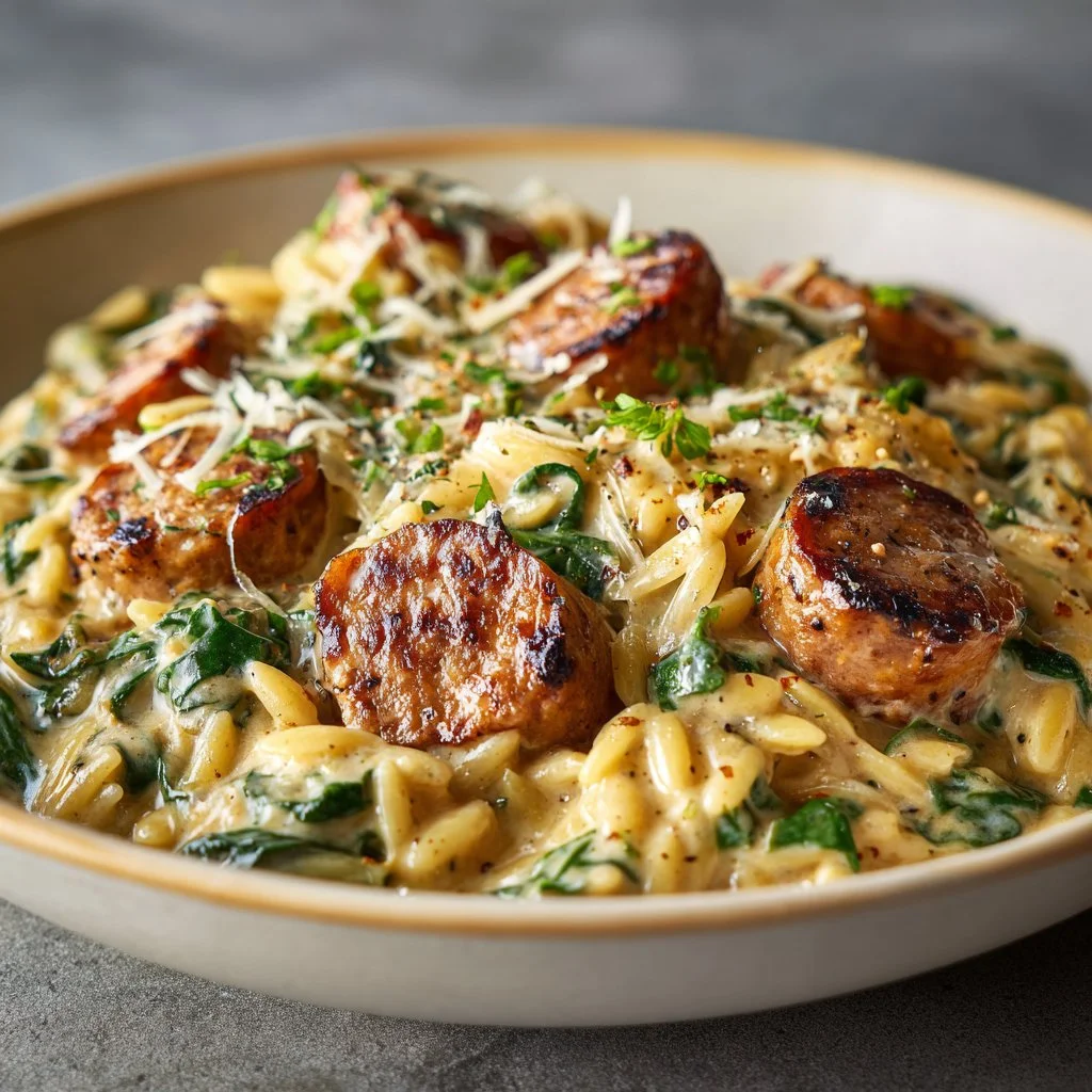 High-protein chicken sausage orzo meal prep for a healthy meal option