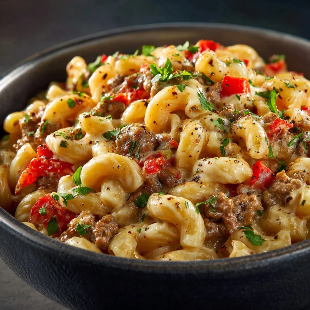 Creamy Philly cheesesteak mac and cheese in a bowl with toppings