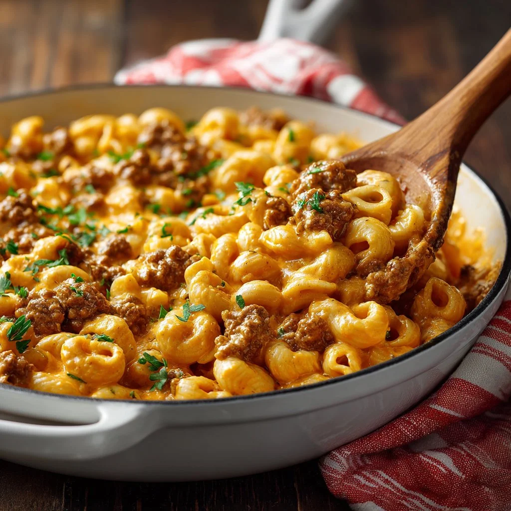 High Protein Hamburger Helper meal in a bowl, garnished with fresh herbs.