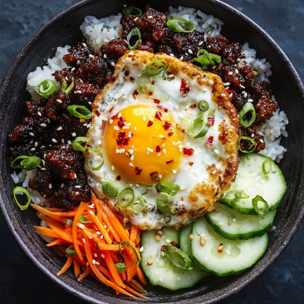 High-protein Korean ground beef dish garnished with vegetables and sesame seeds