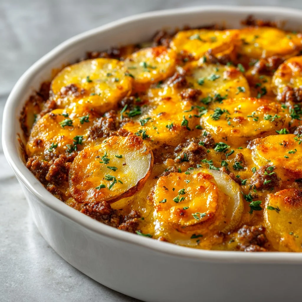 Delicious Hobo Casserole made with ground beef in a cozy dish