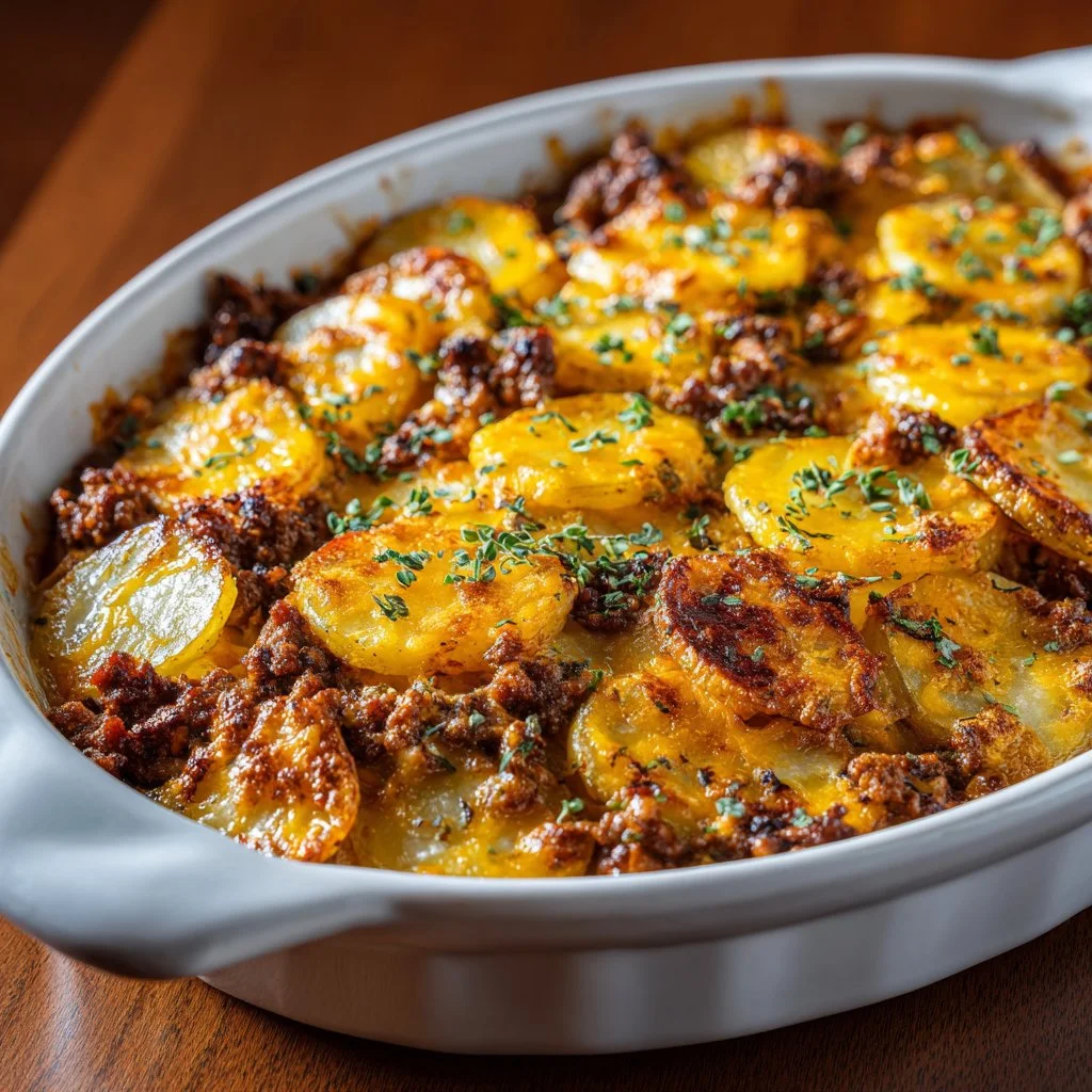Delicious Hobo Casserole with ground beef, vegetables, and cheese baked to perfection.