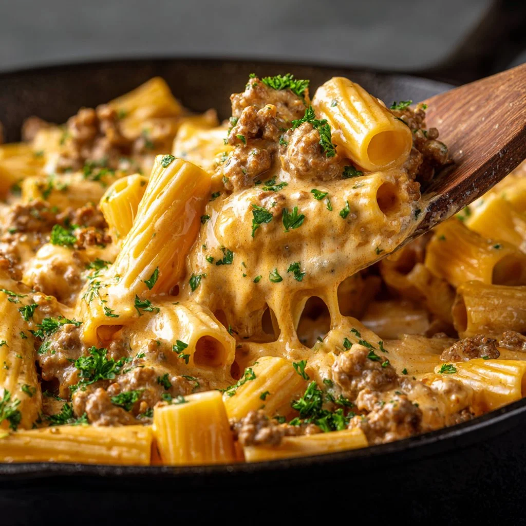 Bowl of homemade cheeseburger pasta topped with cheese and garnished with herbs