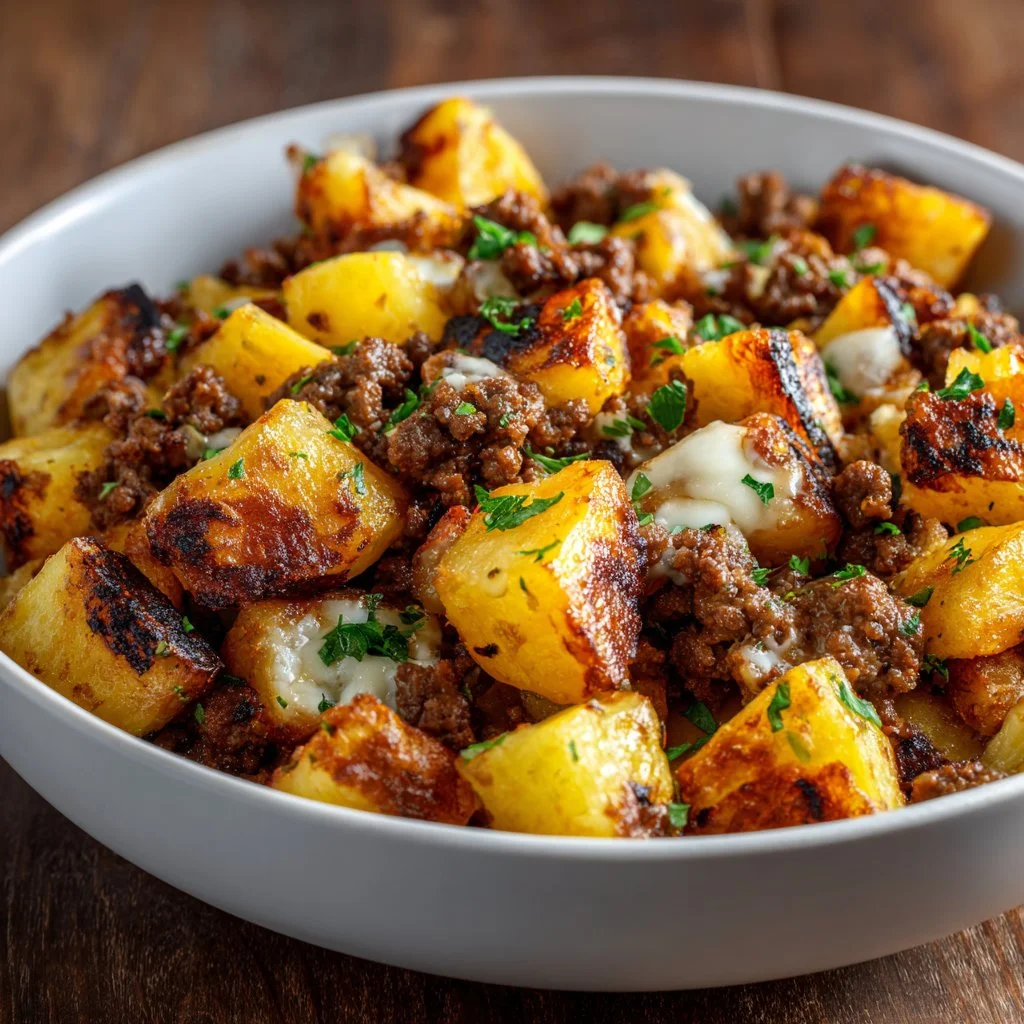 A delicious plate of homemade hamburger hash with ground beef and vegetables.