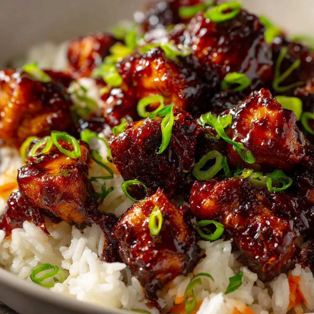 Plate of Honey BBQ Chicken Rice garnished with herbs