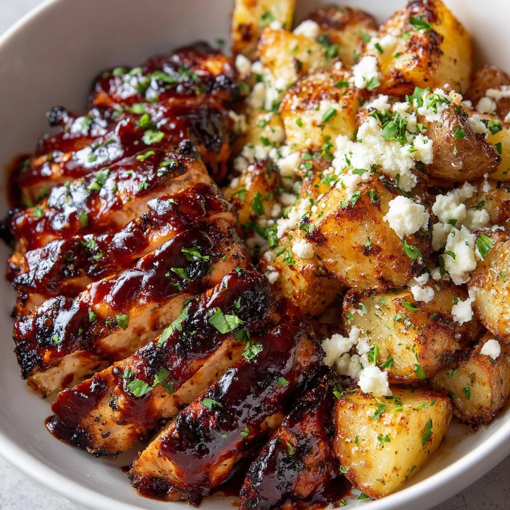Honey BBQ Chicken served with Garlic Parmesan Potatoes on a plate