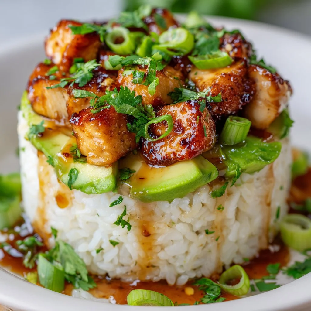 Delicious Honey Lime Chicken served with Avocado Rice Stack