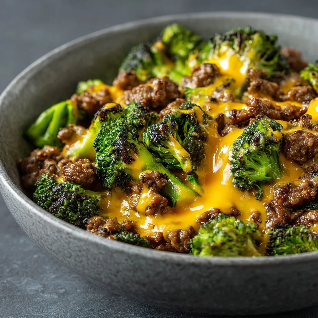 Creamy Keto Hamburger Broccoli Skillet served in a pan