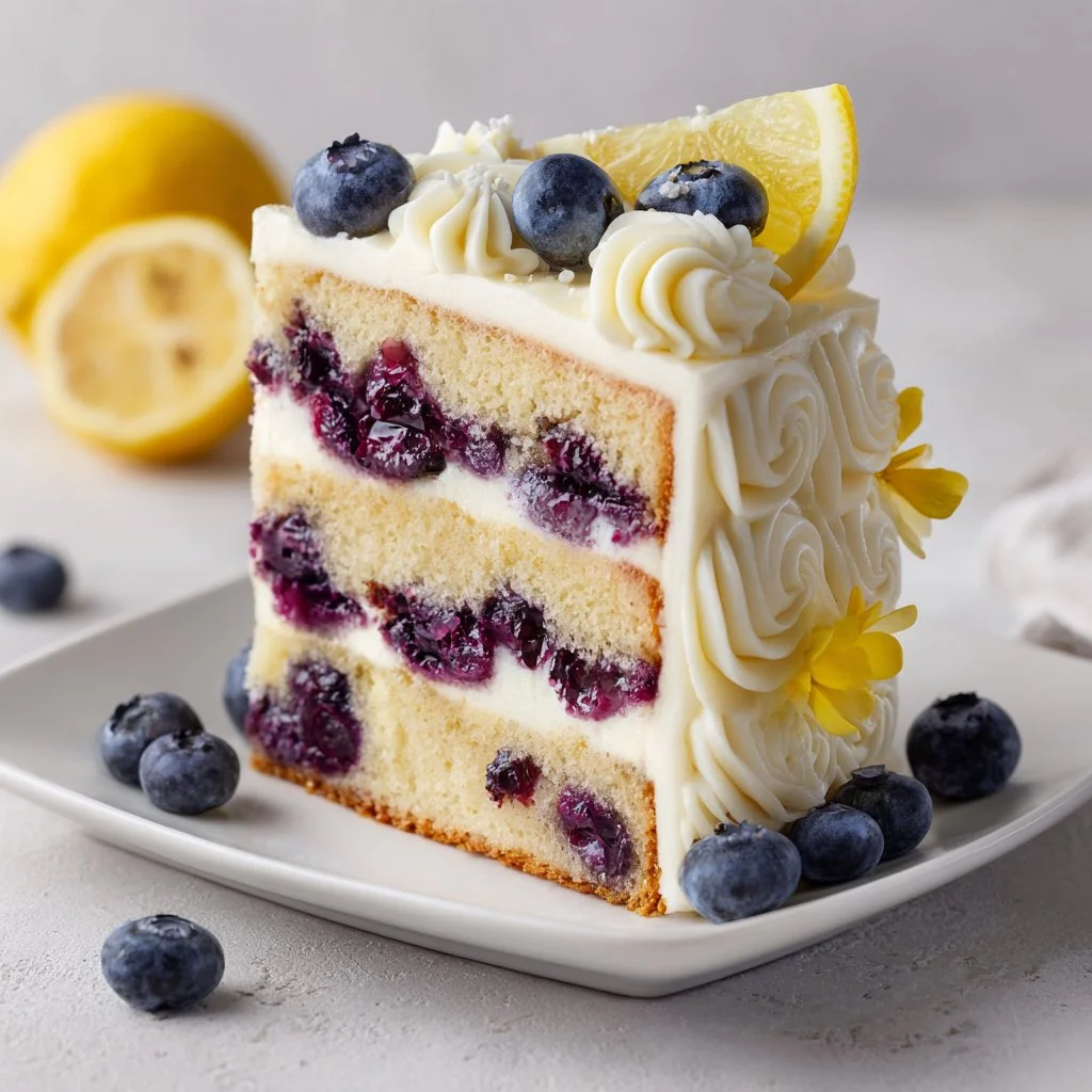 Delicious Lemon Blueberry Cake topped with fresh blueberries and lemon zest