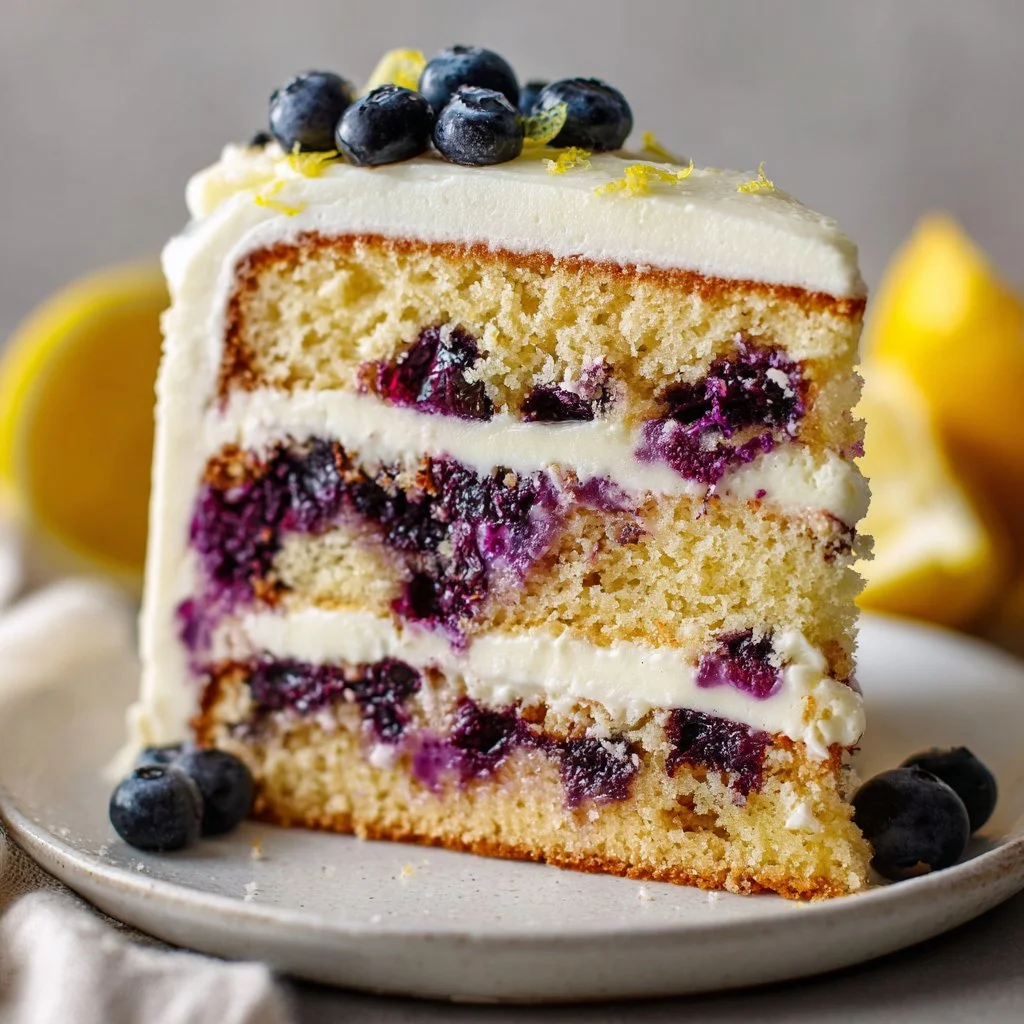 Delicious lemon blueberry cake topped with fresh blueberries and a lemon glaze.