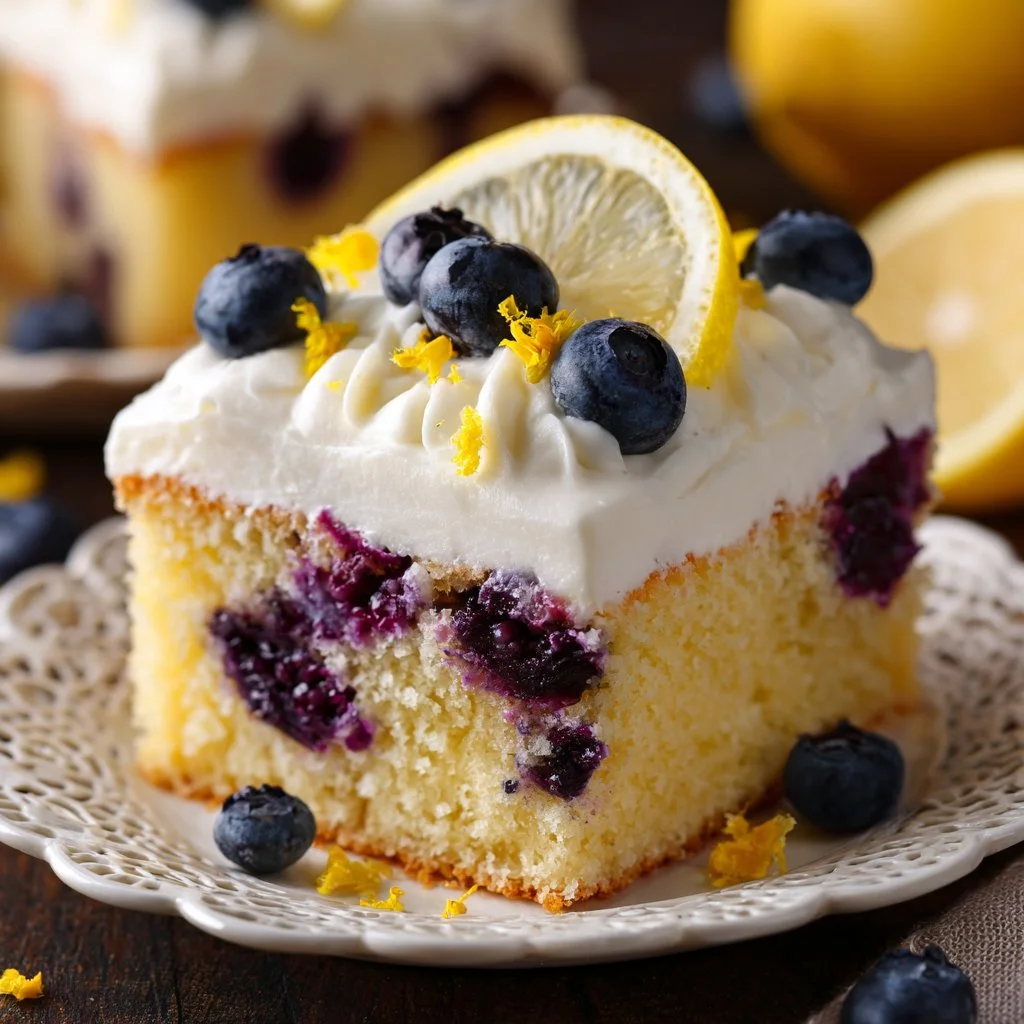 A delicious lemon blueberry cake topped with fresh berries and citrus glaze.
