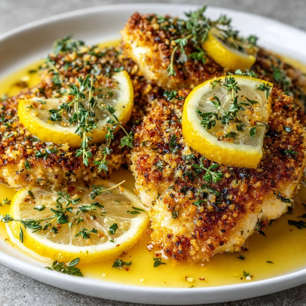 Plate of delicious Lemon Chicken Romano with herbs and lemon garnish