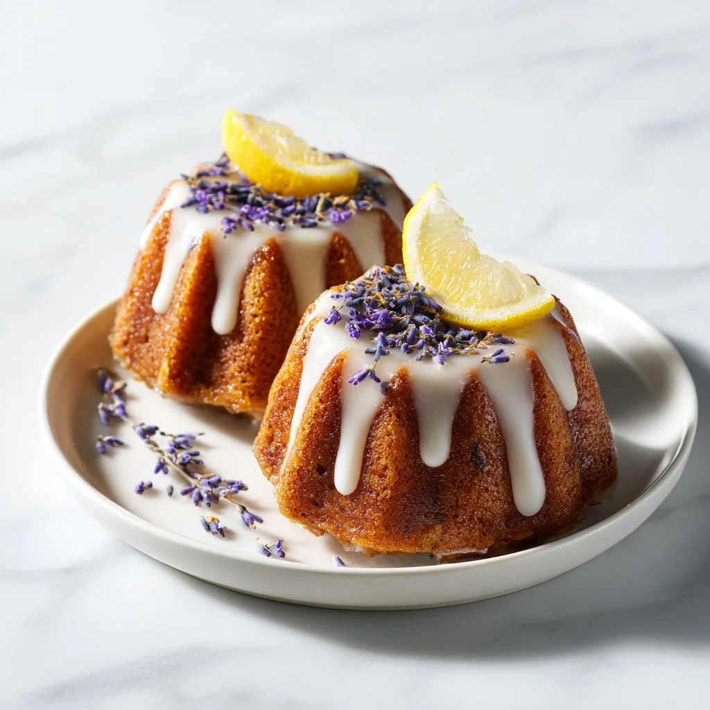 Delicious lemon lavender cakes topped with fresh herbs and citrus zest