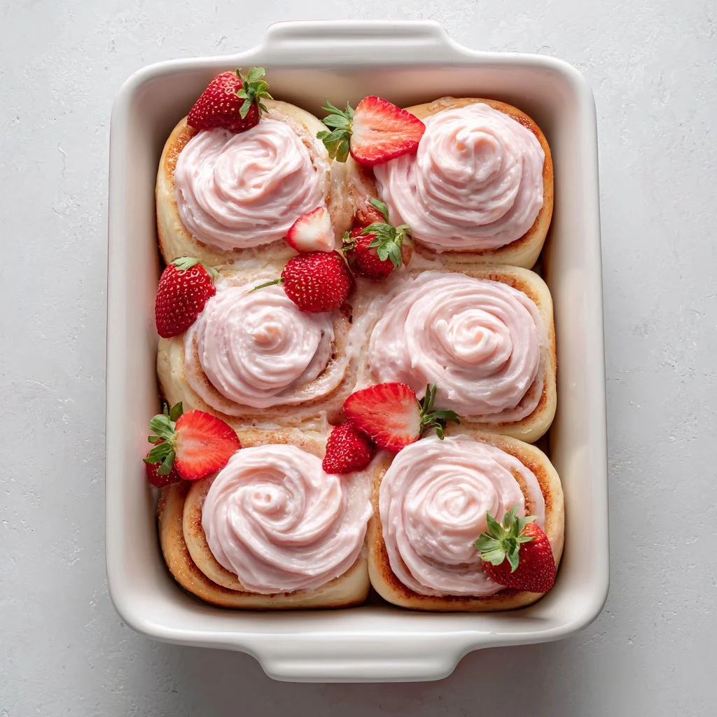 Light and airy strawberry cinnamon rolls topped with fresh strawberries and icing.